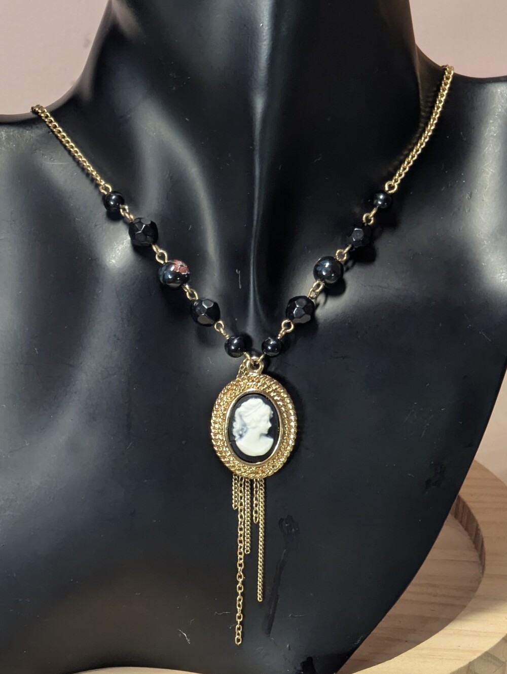 VTG 1990s Goth Victorian Redux Black Cameo Necklace ChainTassel Beads +FREE GIFT